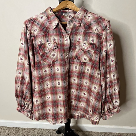 Ivy Jane Brown Burgundy Plaid Southwestern Balloon Sleeve Pearl Snap Shirt Sz L - Picture 11 of 12